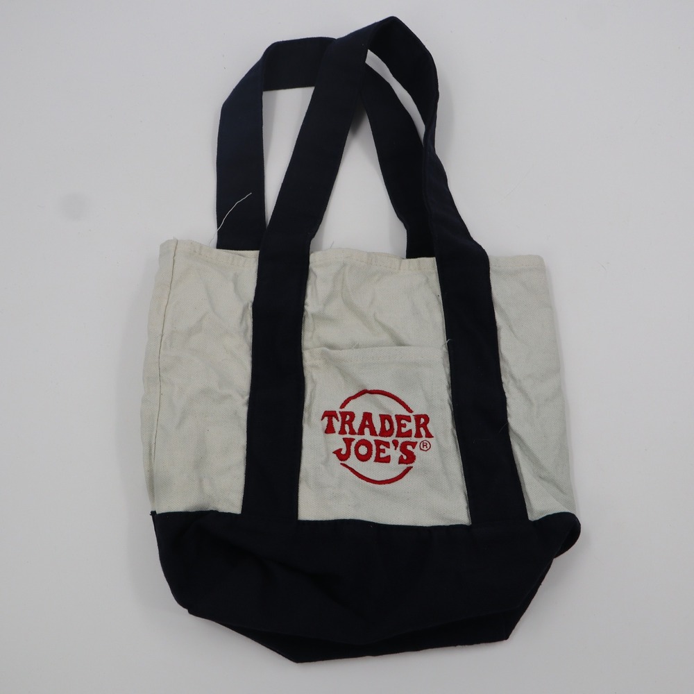 Trader Joe's Mini Canvas Tote Bag Small Navy Blue Cream Embroidered Reusable EUC